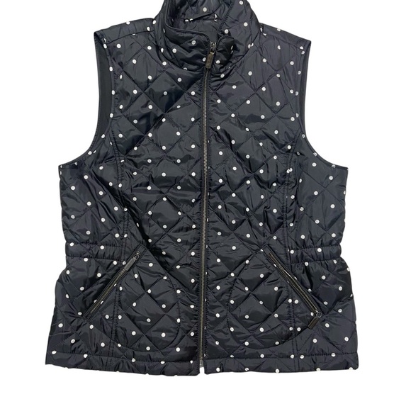 Talbots Polka Dot Puffer Vest Size LP Black White Zipper Front Lightweight Layer - Picture 6 of 7